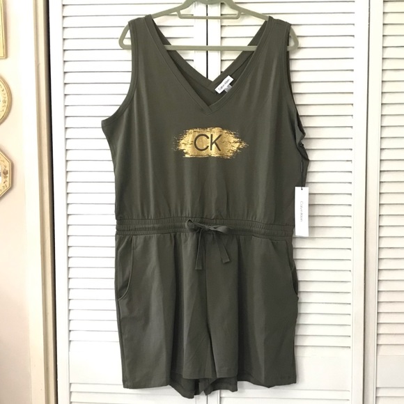 🆕 Calvin Klein Womens Sleeveless Romper XL Army Olive Green V-neck Pockets NWT - Picture 10 of 10